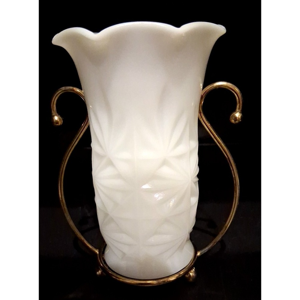 Vintage Hazel Atlas Milk Glass Vase with Metal Stand‎